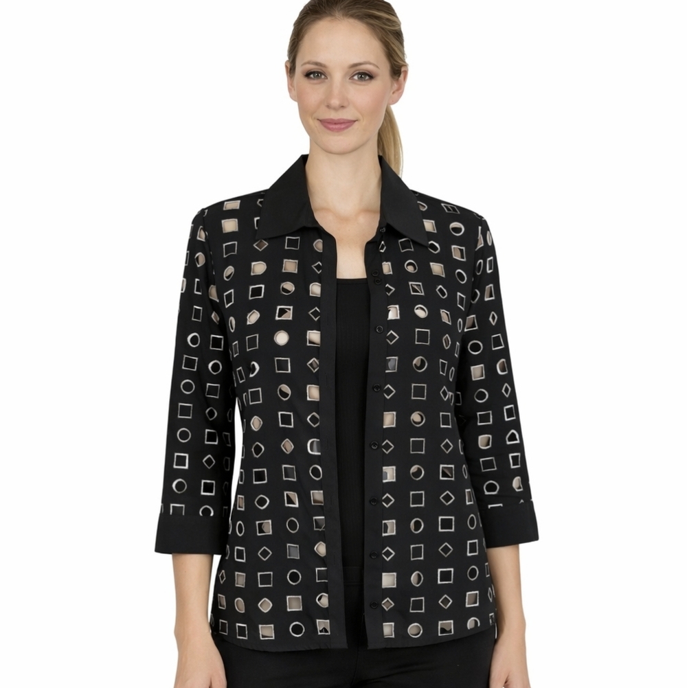 Karen Arnold Artsy Geometric Cut Out Black And White Women's Top Medium